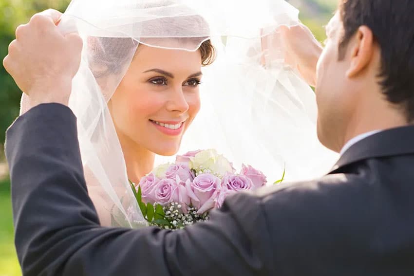 blushing bride on her wedding day
